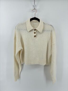Collared White Knit Cropped Quarter Button Up Cardigan